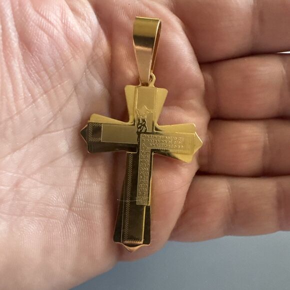 Double Gold Plated Cross Pendant 24 Inch Chain Stainless Steel Religious Gift - Picture 4 of 6